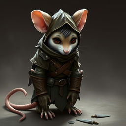 A humanoid mouse character in leather armor and clothing inspired by the world of Dungeons and Dragons