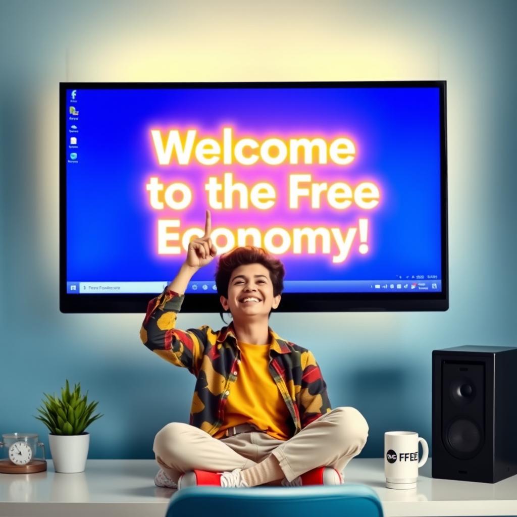 A person sitting comfortably at the bottom of a computer screen displayed on a desk, pointing upwards toward a bright, glowing fortune message at the top of the screen
