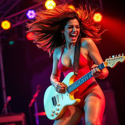 A vibrant scene of a woman energetically playing an electric guitar, radiating confidence and passion