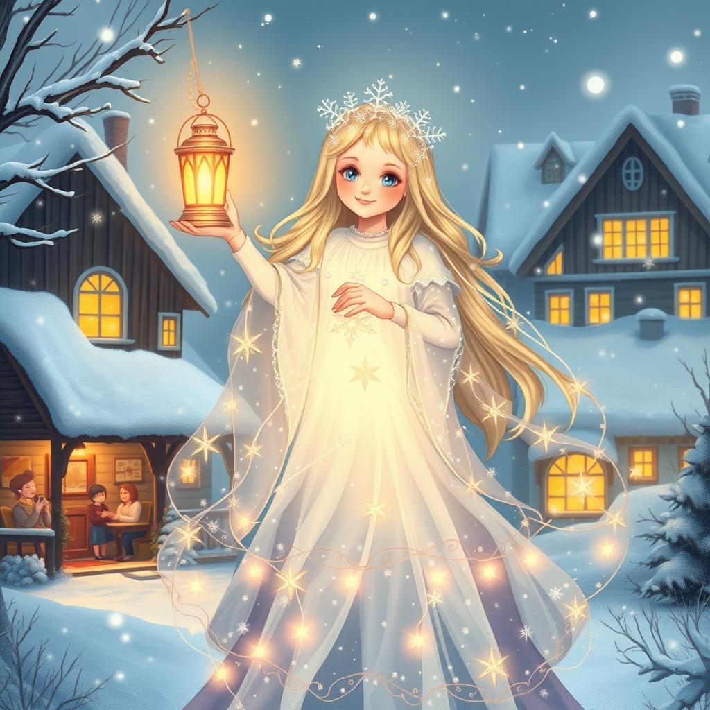 A heartwarming and ethereal depiction of Snegima, the Daughter of Snezhana, portrayed as a magical figure who brings light and hope during the harsh winter months