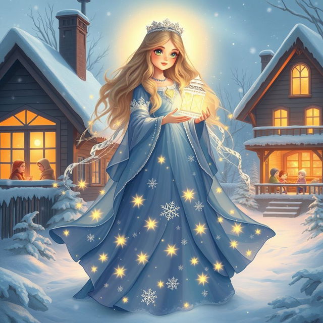 A heartwarming and ethereal depiction of Snegima, the Daughter of Snezhana, portrayed as a magical figure who brings light and hope during the harsh winter months