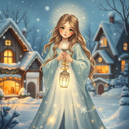 A heartwarming and ethereal depiction of Snegima, the Daughter of Snezhana, portrayed as a magical figure who brings light and hope during the harsh winter months