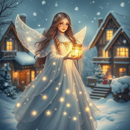 A heartwarming and ethereal depiction of Snegima, the Daughter of Snezhana, portrayed as a magical figure who brings light and hope during the harsh winter months