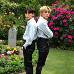Jimin and Suga standing back to back, wearing white shirts tucked into their sleek black pants