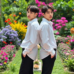 Jimin and Suga standing back to back, wearing white shirts tucked into their sleek black pants