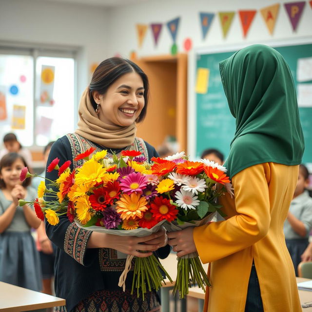 A beautiful scene depicting the act of giving flowers to a female teacher wearing a stylish manteau, traditional to the city of Ardabil