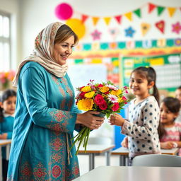 A beautiful scene depicting the act of giving flowers to a female teacher wearing a stylish manteau, traditional to the city of Ardabil