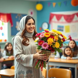 A beautiful scene depicting the act of giving flowers to a female teacher wearing a stylish manteau, traditional to the city of Ardabil