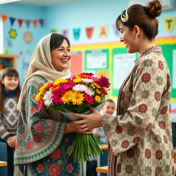 A beautiful scene depicting the act of giving flowers to a female teacher wearing a stylish manteau, traditional to the city of Ardabil