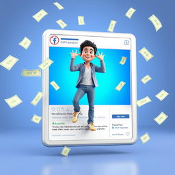 A 3D rendered image of a person stepping out of a large, vibrant Facebook post, which is prominently displaying an enticing offer of dollar bills