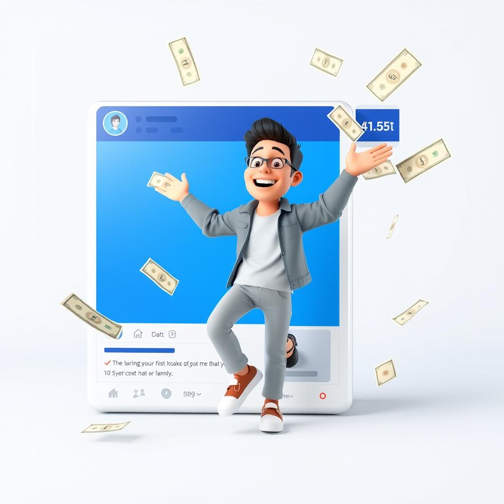 A 3D rendered image of a person stepping out of a large, vibrant Facebook post, which is prominently displaying an enticing offer of dollar bills