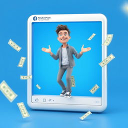 A 3D rendered image of a person stepping out of a large, vibrant Facebook post, which is prominently displaying an enticing offer of dollar bills