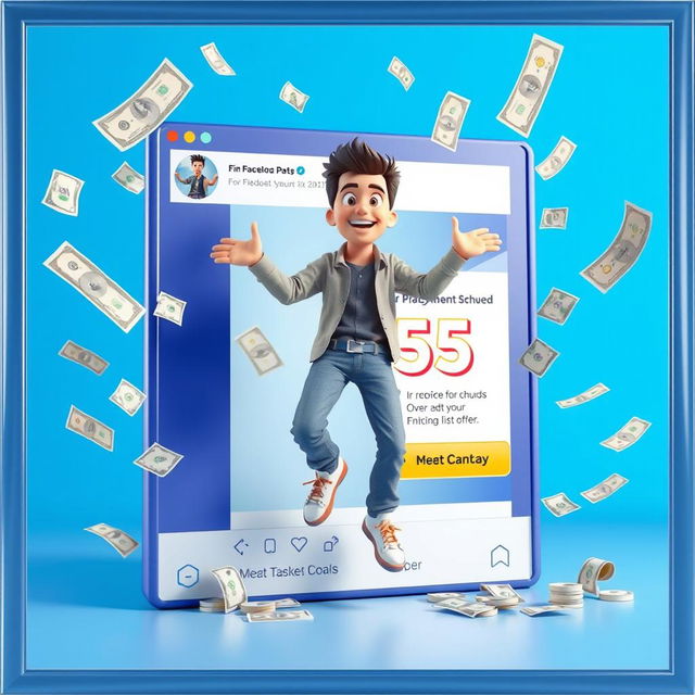 A 3D rendered image of a person stepping out of a large, vibrant Facebook post, which is prominently displaying an enticing offer of dollar bills