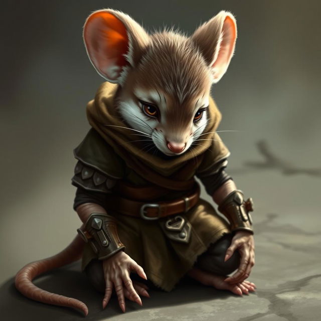A humanoid mouse character wearing leather armor and clothing from the world of Dungeons and Dragons