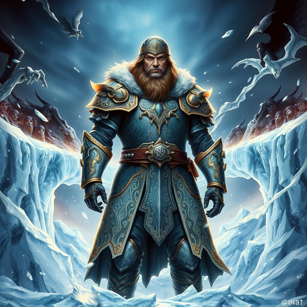 A dramatic and heroic depiction of Severyan, the Legendary Master of Ice, portrayed as a bold and determined hero