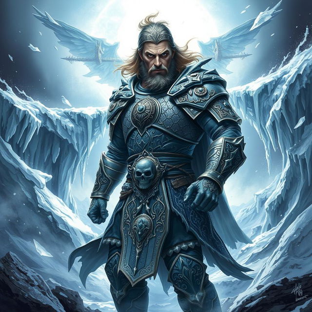 A dramatic and heroic depiction of Severyan, the Legendary Master of Ice, portrayed as a bold and determined hero