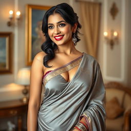 An Indian woman wearing a stunning satin grey saree, gracefully draped to accentuate her figure