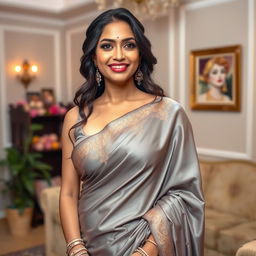 An Indian woman wearing a stunning satin grey saree, gracefully draped to accentuate her figure