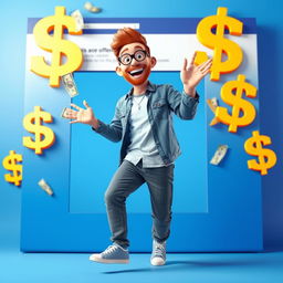 A striking 3D image of an adult person stepping out from a large, colorful Facebook post that prominently displays an offer of dollar bills floating in the air