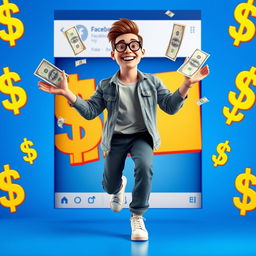 A striking 3D image of an adult person stepping out from a large, colorful Facebook post that prominently displays an offer of dollar bills floating in the air