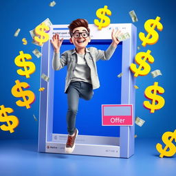 A striking 3D image of an adult person stepping out from a large, colorful Facebook post that prominently displays an offer of dollar bills floating in the air