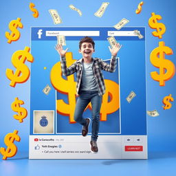 A striking 3D image of an adult person stepping out from a large, colorful Facebook post that prominently displays an offer of dollar bills floating in the air