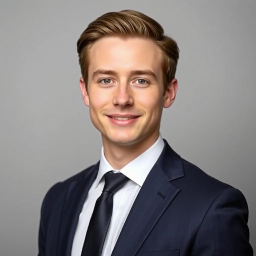 A 24-year-old man with fair skin dressed in smart formal attire, standing confidently against a smooth, neutral backdrop