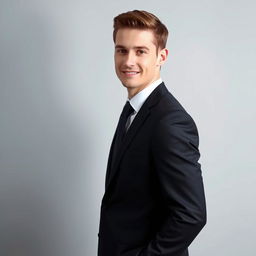 A 24-year-old man with fair skin dressed in smart formal attire, standing confidently against a smooth, neutral backdrop