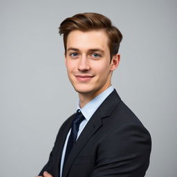 A 24-year-old man with fair skin dressed in smart formal attire, standing confidently against a smooth, neutral backdrop