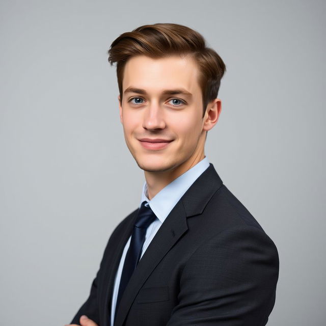 A 24-year-old man with fair skin dressed in smart formal attire, standing confidently against a smooth, neutral backdrop
