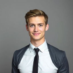 A 24-year-old man with fair skin dressed in smart formal attire, standing confidently against a smooth, neutral backdrop