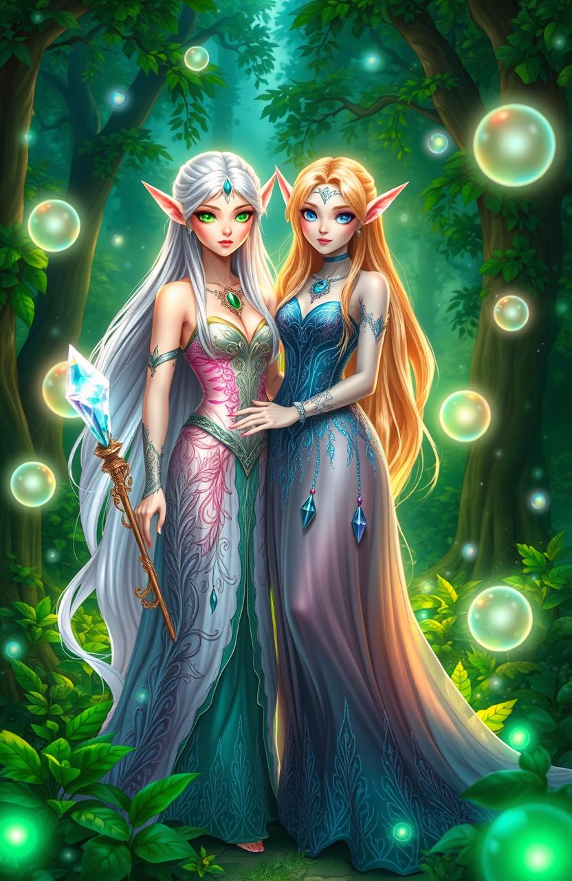 Two enchanting female elven characters, Lian and Iliara, standing together in a lush forest filled with vibrant greenery and magical light