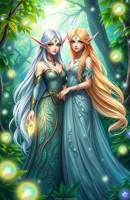 Two enchanting female elven characters, Lian and Iliara, standing together in a lush forest filled with vibrant greenery and magical light