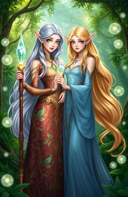 Two enchanting female elven characters, Lian and Iliara, standing together in a lush forest filled with vibrant greenery and magical light