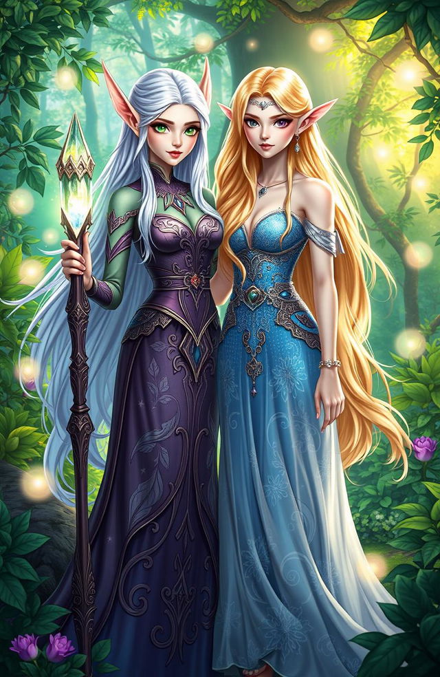 Two enchanting female elven characters, Lian and Iliara, standing together in a lush forest filled with vibrant greenery and magical light