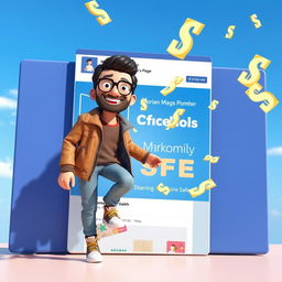 A vivid 3D image of an adult person stepping out of a large Facebook post labeled 'Mohammad Saleh's Page,' which prominently features an offer of floating dollar bills