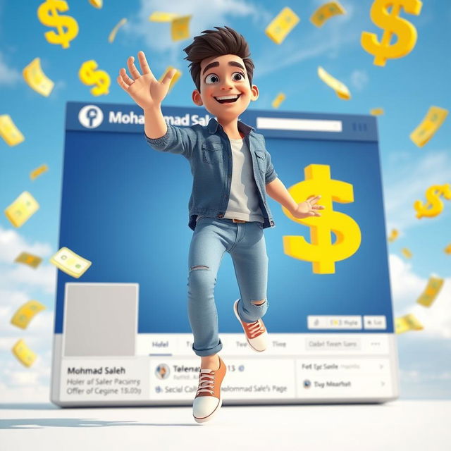 A vivid 3D image of an adult person stepping out of a large Facebook post labeled 'Mohammad Saleh's Page,' which prominently features an offer of floating dollar bills