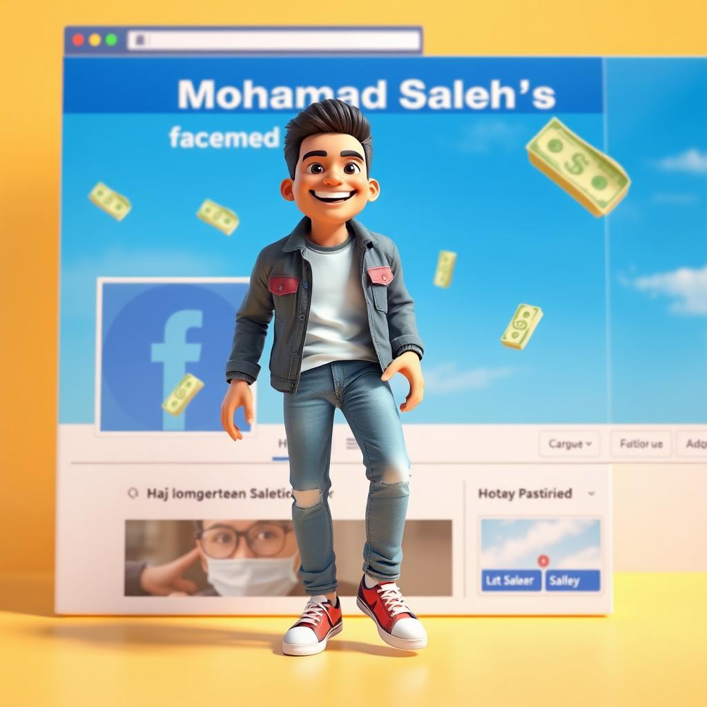 A vivid 3D image of an adult person stepping out of a large Facebook post labeled 'Mohammad Saleh's Page,' which prominently features an offer of floating dollar bills