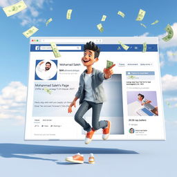 A vivid 3D image of an adult person stepping out of a large Facebook post labeled 'Mohammad Saleh's Page,' which prominently features an offer of floating dollar bills