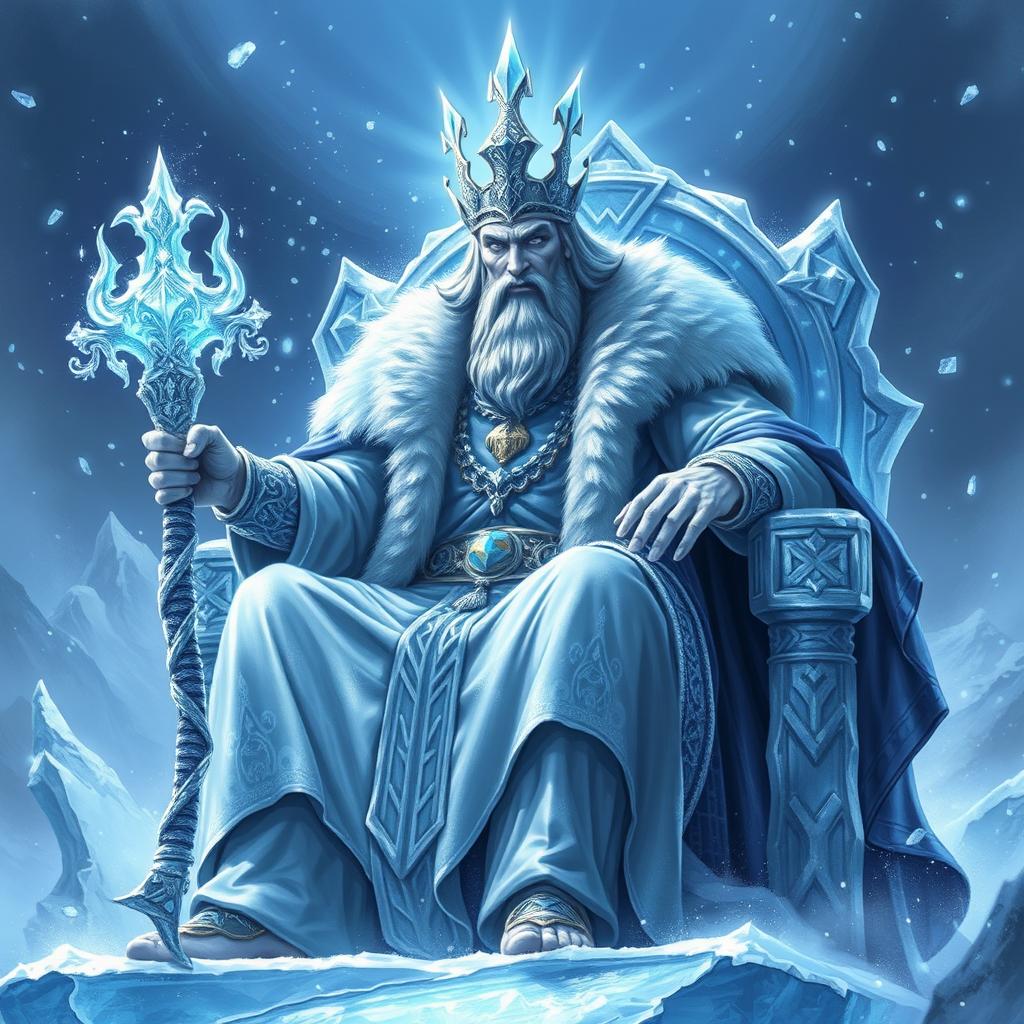 A majestic and powerful depiction of Khladovey, the God of Winter and Order, illustrated as a formidable figure seated upon his sparkling ice throne