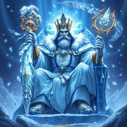 A majestic and powerful depiction of Khladovey, the God of Winter and Order, illustrated as a formidable figure seated upon his sparkling ice throne