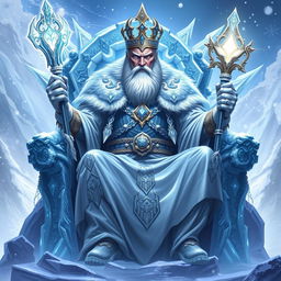 A majestic and powerful depiction of Khladovey, the God of Winter and Order, illustrated as a formidable figure seated upon his sparkling ice throne
