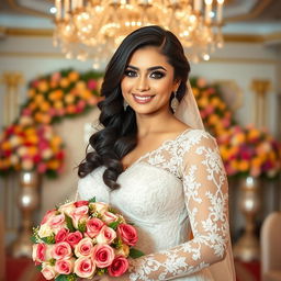 A stunning Iranian bride with a curvy figure, elegantly dressed in a traditional wedding gown adorned with intricate lace and floral embroidery