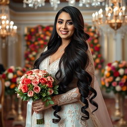 A stunning Iranian bride with a curvy figure, elegantly dressed in a traditional wedding gown adorned with intricate lace and floral embroidery
