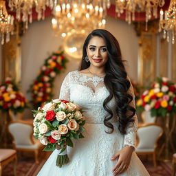 A stunning Iranian bride with a curvy figure, elegantly dressed in a traditional wedding gown adorned with intricate lace and floral embroidery