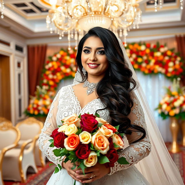 A stunning Iranian bride with a curvy figure, elegantly dressed in a traditional wedding gown adorned with intricate lace and floral embroidery