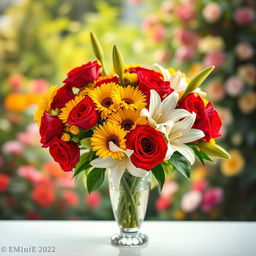 A beautiful bouquet of vibrant flowers, including red roses, yellow daisies, and white lilies, artfully arranged in an elegant glass vase