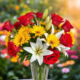 A beautiful bouquet of vibrant flowers, including red roses, yellow daisies, and white lilies, artfully arranged in an elegant glass vase