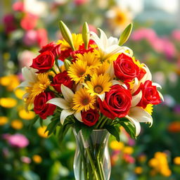 A beautiful bouquet of vibrant flowers, including red roses, yellow daisies, and white lilies, artfully arranged in an elegant glass vase