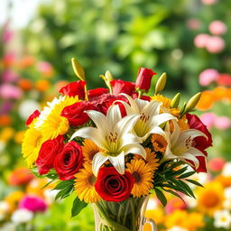 A beautiful bouquet of vibrant flowers, including red roses, yellow daisies, and white lilies, artfully arranged in an elegant glass vase